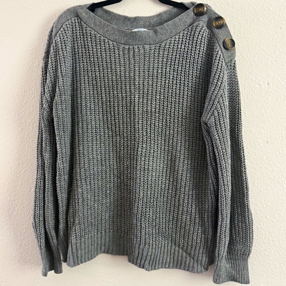 Time and Tru Womens L Gray Knit Boat Neck Button Shoulder Pullover Sweater